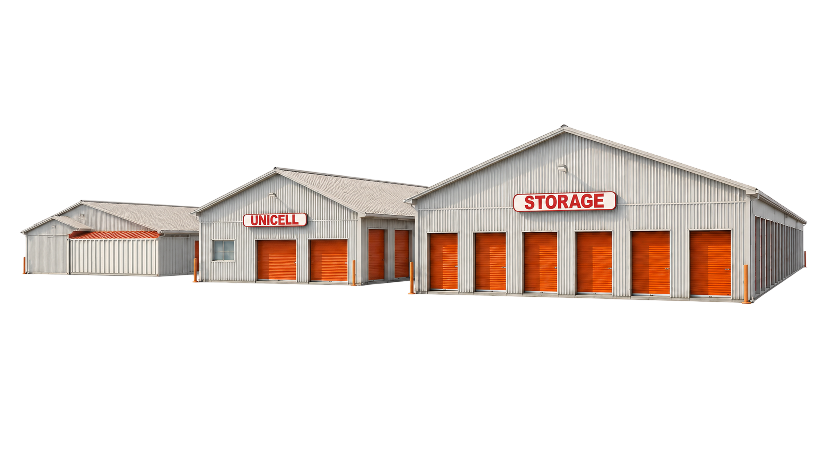 Unicell Mini Storage facility with orange roll-up doors